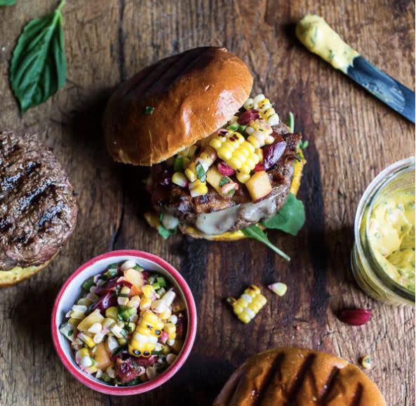 <strong>Get the <a href="https://www.halfbakedharvest.com/brie-stuffed-burgers-with-sweet-chili-corn-salsa-4th-of-july-eats/" target="_blank" rel="noopener noreferrer">Brie-Stuffed Burgers with Sweet Chili Corn Salsa recipe</a> from Half Baked Harvest</strong>