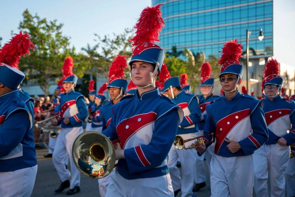 Members of the Manatee High School Marching Band perform during the 2018 DeSoto Grand Parade in Bradenton. Herald file/Bradenton.com