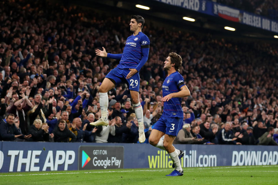 Morata celebrates his second goal of the night against Palace