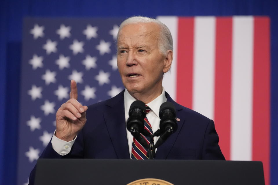 President Joe Biden speaks about the PACT Act at the Westwood Park YMCA, Tuesday, May 21, 2024, in Nashua, N.H. (AP Photo/Alex Brandon)