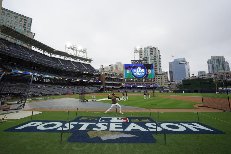 San Diego Padres pitcher Joe Musgrove throws during baseball practice Thursday, Oct. 13, 2022, in San Diego. The Padres host the Los Angeles Dodgers for Game 3 of an NL Division Series on Friday. (AP Photo/Gregory Bull)