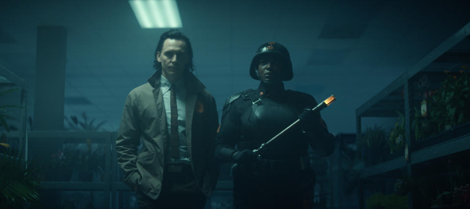 Loki (Tom Hiddleston) and Hunter B-15 (Wunmi Mosaku) in Marvel Studios' 