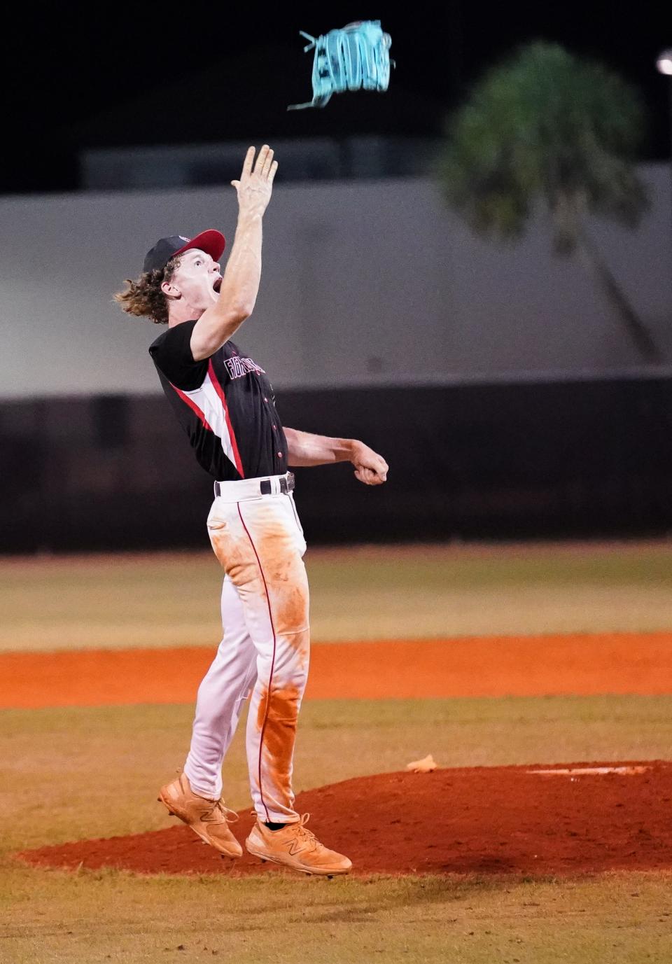 Vero Beach reliever Finley Holmes celebrates a strikeout to secure the District 10-7A championship with a 5-4 victory over Treasure Coast on Thursday, May 2, 2024 at Vero Beach High School.