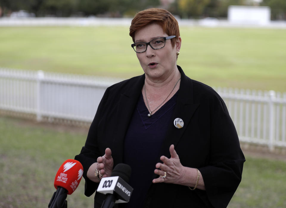 Australian Foreign Minister Marise Payne comments in Penrith, Australia Monday, May 18, 2020. Payne welcomed international support for an independent investigation of the coronavirus: an inquiry that has been condemned by China and blamed for a bilateral trade rift. (AP Photo/Rick Rycroft)