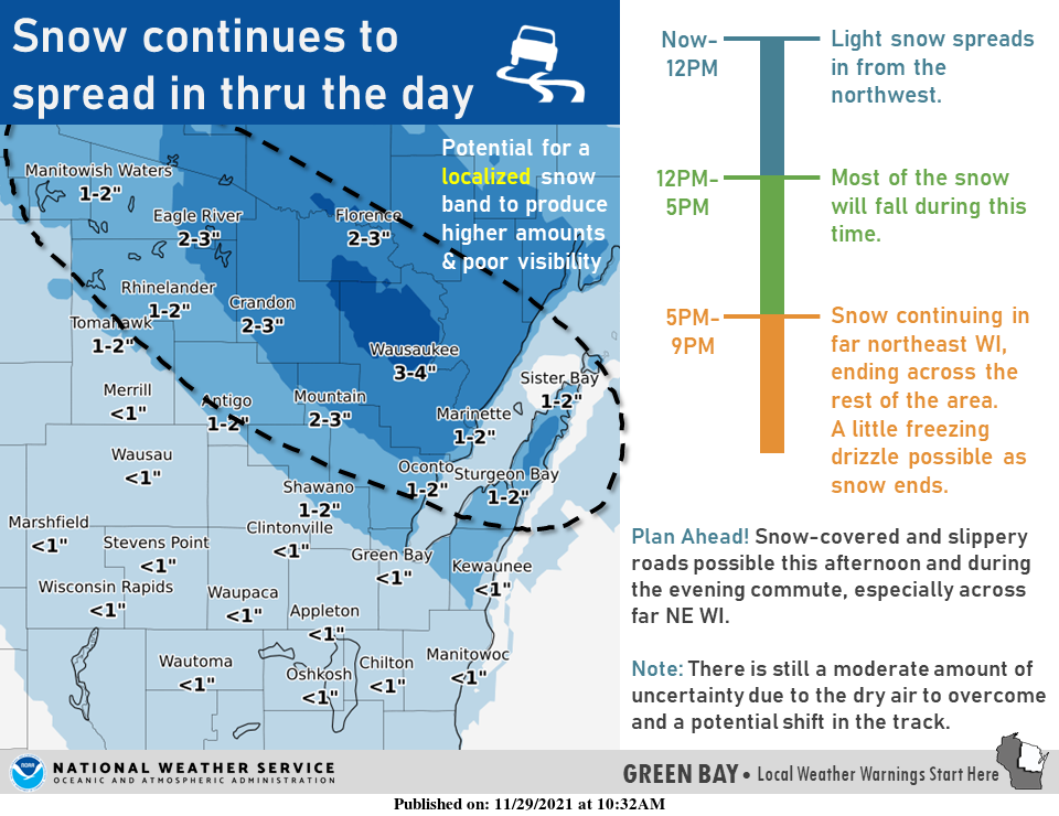 According to the National Weather Service at 10:32 a.m. on Monday, Nov. 29, the heaviest snowfall is expected in Marinette and Oconto counties. Wausaukee, in Marinette County, will likely get the most snow at 3 to 4 inches.