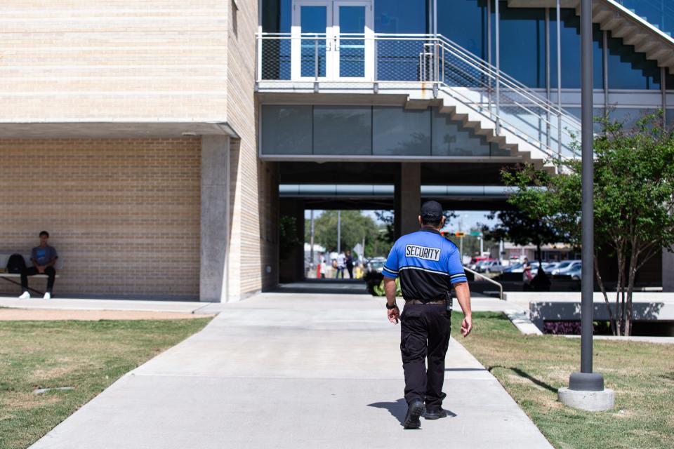 A Del Mar College campus security guard patrols the Heritage Campus on Thursday, April 13, 2023, in Corpus Christi, Texas.