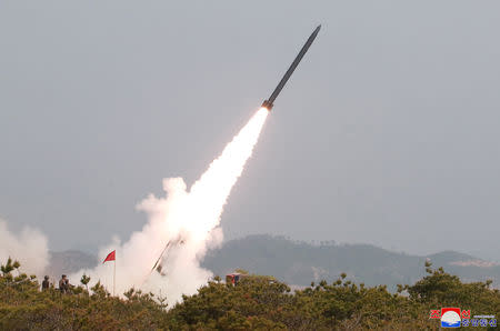 North Korean military conducts a "strike drill" for multiple launchers and tactical guided weapon into the East Sea during a military drill in North Korea, in this May 4, 2019 photo supplied by the Korean Central News Agency (KCNA). KCNA via REUTERS