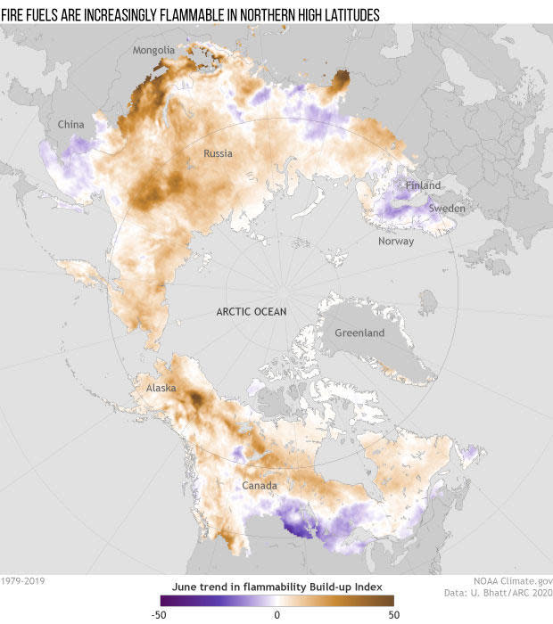 Areas in red indicate parts of the Arctic which are now more flammable. / Credit: NOAA