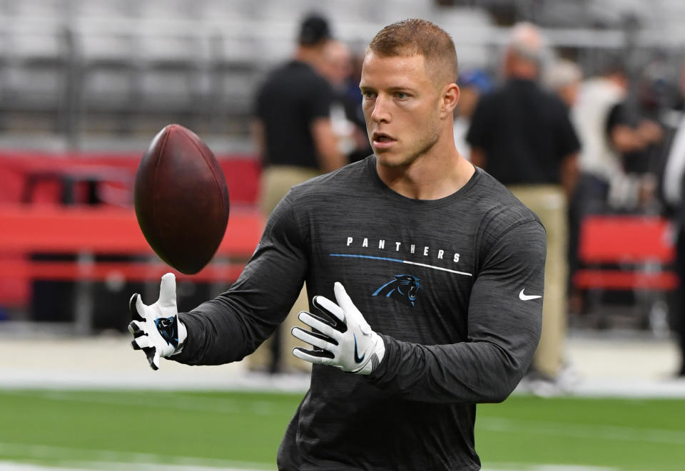 GLENDALE, ARIZONA - SEPTEMBER 22: Christian McCaffrey #22 of the Carolina Panthers prepares for a game against the Arizona Cardinals at State Farm Stadium on September 22, 2019 in Glendale, Arizona. (Photo by Norm Hall/Getty Images)