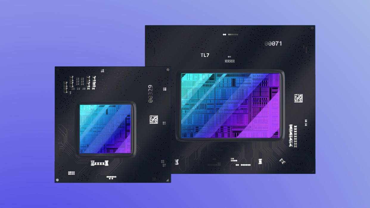  Two Intel Arc series 1 GPUs against a coloured background. 