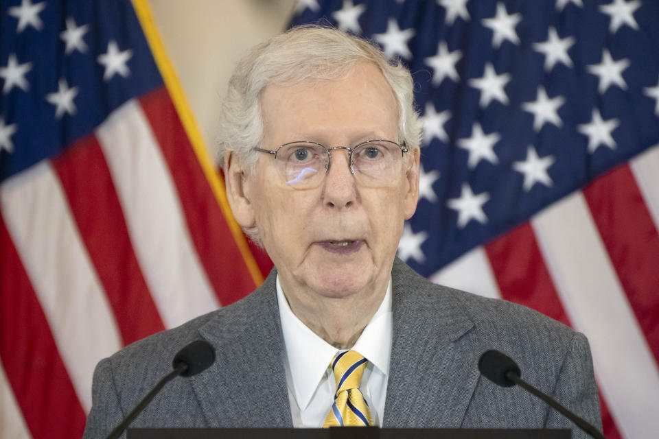 Senate Minority Leader Mitch McConnell of Ky., speaks during a ceremony to honor members of the Ghost Army, a secretive WWII-era unit, with the Congressional Gold Medal on Capitol Hill, Thursday, March 21, 2024, in Washington. (AP Photo/Mark Schiefelbein)