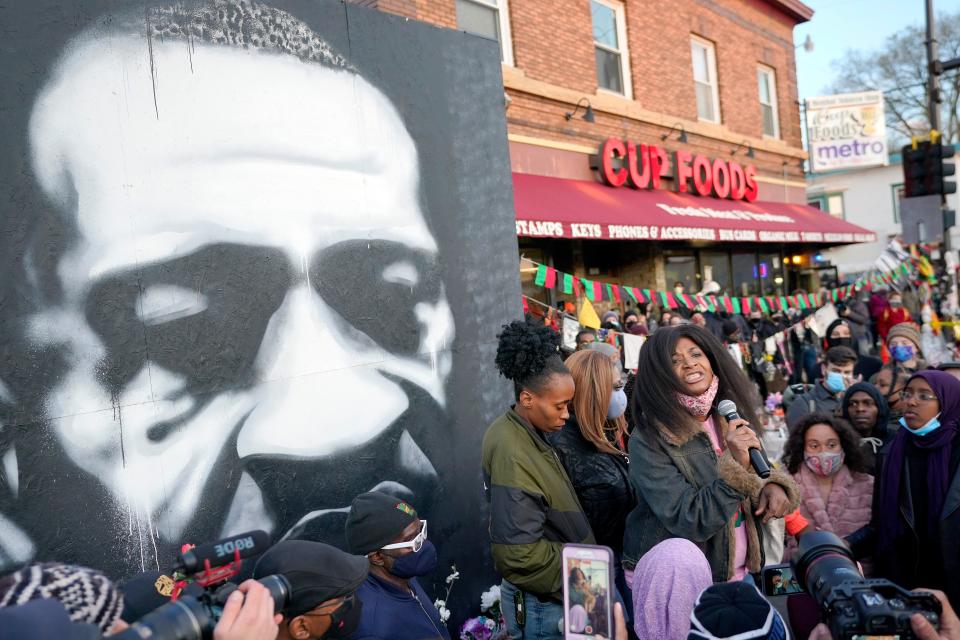 Angela Harrelson, right, aunt of George Floyd, talks to supporters at George Floyd Square after a guilty verdict was announced at the trial of former Minneapolis police Officer Derek Chauvin for the 2020 death of Floyd, Tuesday, April 20, 2021, in Minneapolis. Chauvin has been convicted of murder and manslaughter in the death of Floyd.