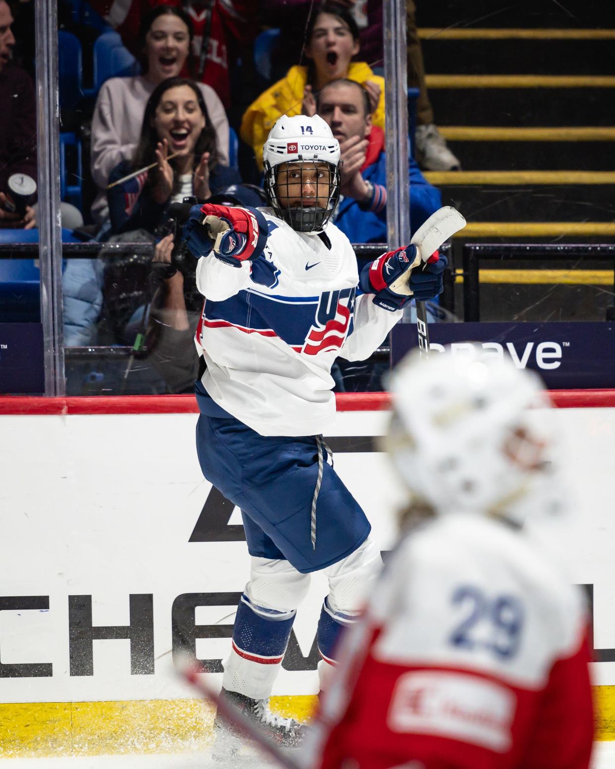 USA's Laila Edwards celebrates after scoring against Czechia at the Adirondack Bank Center in Utica, NY on Friday, April 5, 2024.