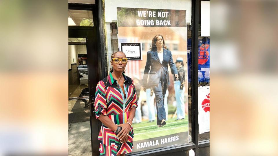 PHOTO: Tonya Young Williams pictured on Sept. 4, 2024, at her store on the Upper West Side store, where she said a man wearing a Trump T-shirt spit on her and called her racial slurs after seeing a poster of Vice President Kamala Harris in her window. (ABC News)