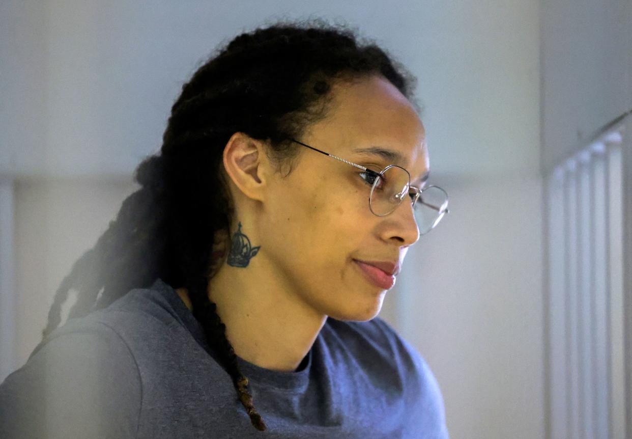 Brittney Griner during her trial in Russia as she awaited the verdict in August. (Photo by EVGENIA NOVOZHENINA/POOL/AFP via Getty Images)