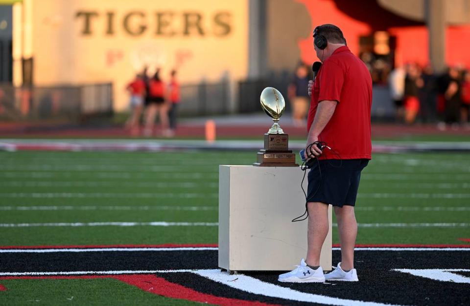 Bradenton Mayor Gene Brown on the field before the football game between Manatee and Palmetto on Friday, Oct. 27, 2023 in Palmetto.