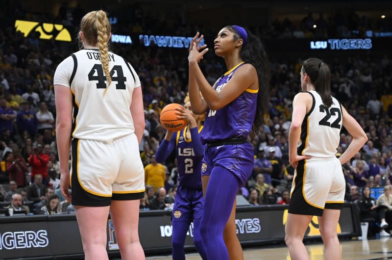 LSU forward Angel Reese (C) started the Tigers' first four regular-season games. File Photo by Ian Halperin/UPI