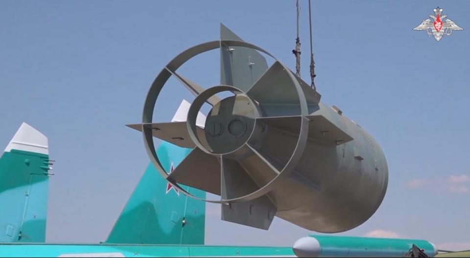 A FAB-3000 glide bomb is seen in this video released on July 14 by the Russian Ministry of Defense.