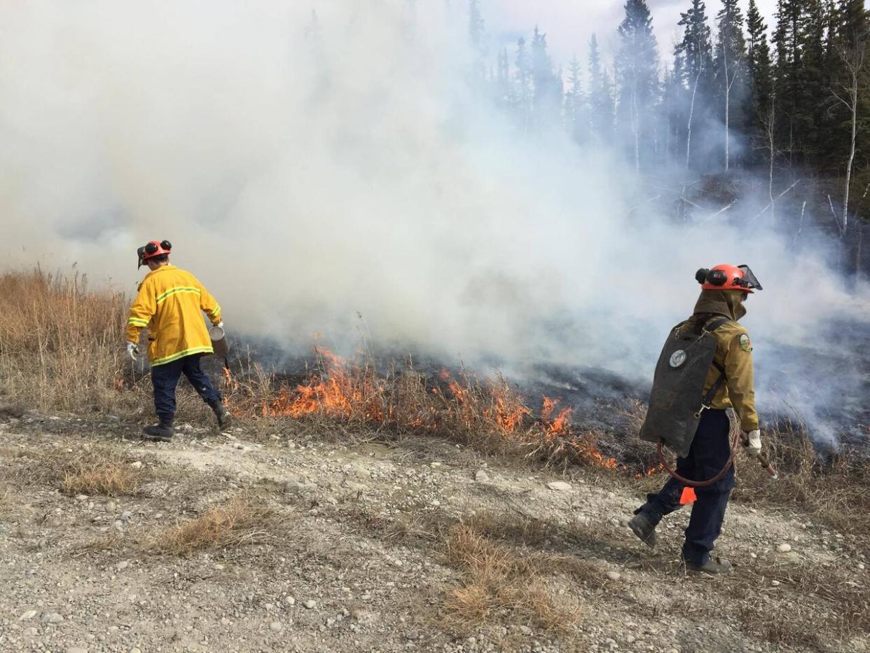 Firefighters in Whitehorse supervise a controlled burn along Long Lake Road in 2017.  (Wayne Vallevand/CBC - image credit)