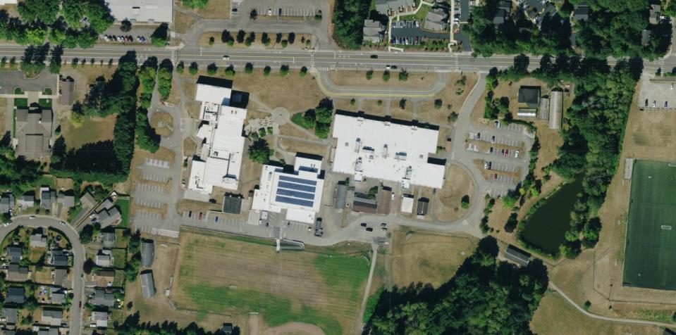 An aerial view of the Poulsbo Middle School campus along Hostmark Street in Poulsbo.