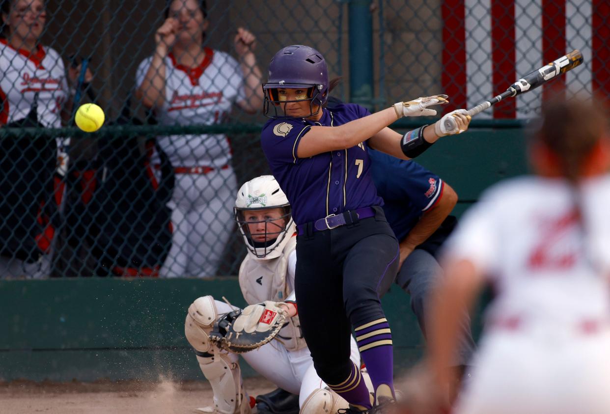 Fowlerville's Tori Briggs bats against Laingsburg during their opening day game of the Greater Lansing Area Sports Hall of Fame Softball Classic, Monday, May 22, 2023, at Ranney Park.