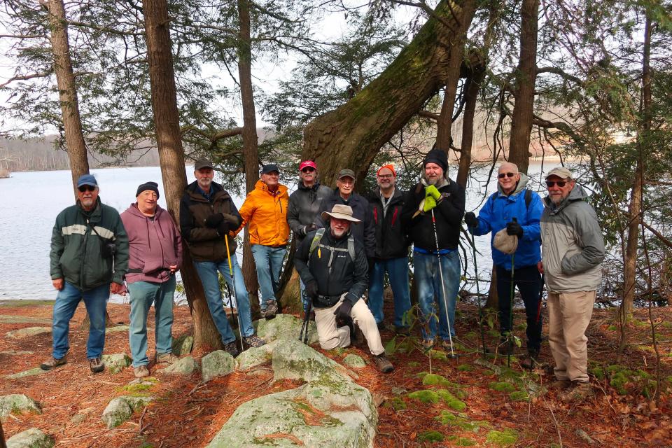 The hiking group of the Activities Club - Mike Capizzi, Peter Berke,Henry Baker, John Moran, Lee Cunningham, John McCabe, Don Skog, Chris Megalos, John Hahn, Peter Sauer and John Robertson - conducted its March hike in the hills of Wawayanda State Park in Hewitt