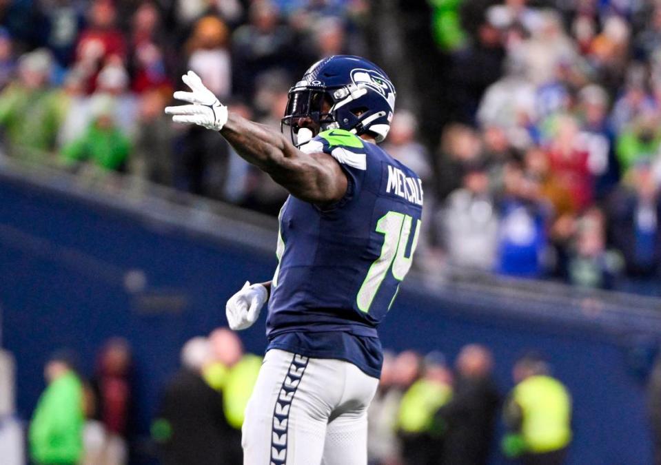 Seattle Seahawks wide receiver DK Metcalf (14) reacts to a pass interference call resulting in a first down during the fourth quarter of the game against the Washington Commanders at Lumen Field, on Sunday, Nov. 12, 2023, in Seattle, Wash.