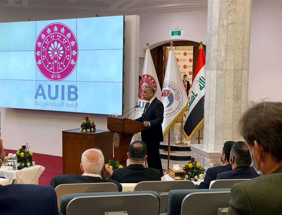 Iraqi Prime Minister Mustafa al-Kadhimi speaks during the opening ceremony of the American University in Baghdad, Iraq, Sunday, Feb. 14, 2021. (AP Photo/Hadi Mizban)