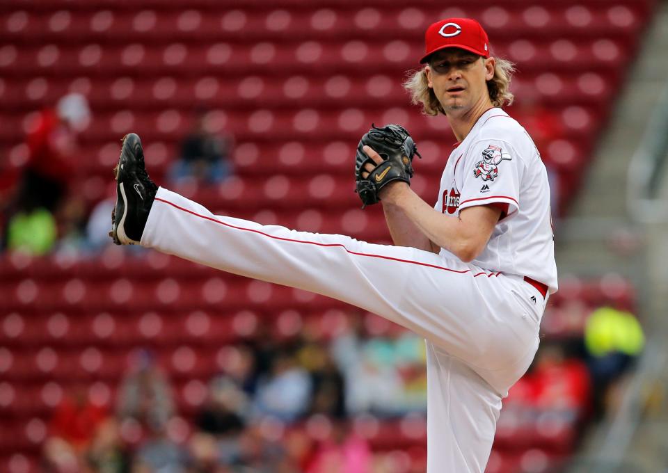 Cincinnati Reds starting pitcher Bronson Arroyo (61) delivers in the first inning against the St. Louis Cardinals June 7, 2017, at Great American Ball Park.