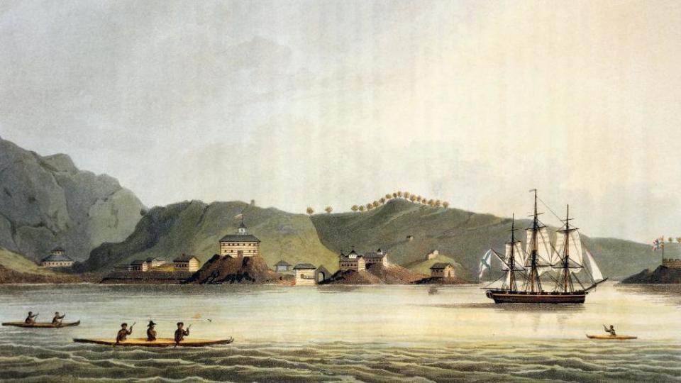 Puerto de San Pablo, isla Kodiak, grabado de Clark a partir de un cuadro de Yuri Fyodorovich Lisyansky (1773-1837), del informe de la primera circunnavegación del mundo encabezada por los rusos entre 1803 y 1806. Alaska, siglo XIX. Vincennes, Castello Service Historique De La Marine Bibliotheque Historique Centrale De La Marine (Foto de DeAgostini/Getty Images)