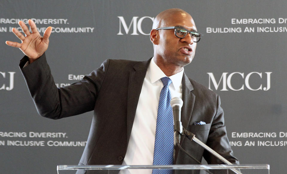 New York Times Op-Ed columnist Charles Blow is this year's recipient of the Hank Meyer National Headliner Award, sponsored by the Miami Coalition of Christians and Jews-MCCJ, on Wednesday, May 3, 2017. (C.M. Guerrero/Miami Herald/Tribune News Service via Getty Images)