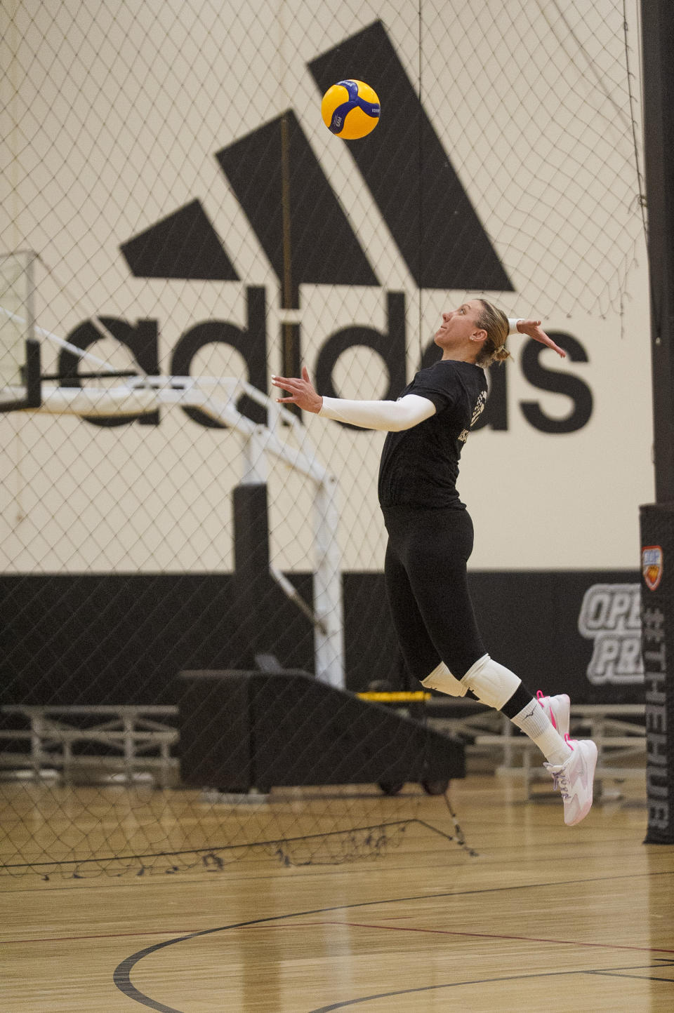 Four-time Olympian Jordan Larson joins the USA Volleyball Spring Training Camp at Open Gym Premier in Anaheim, Calif., on March 12, 2024. (AP Photo/Damian Dovarganes)