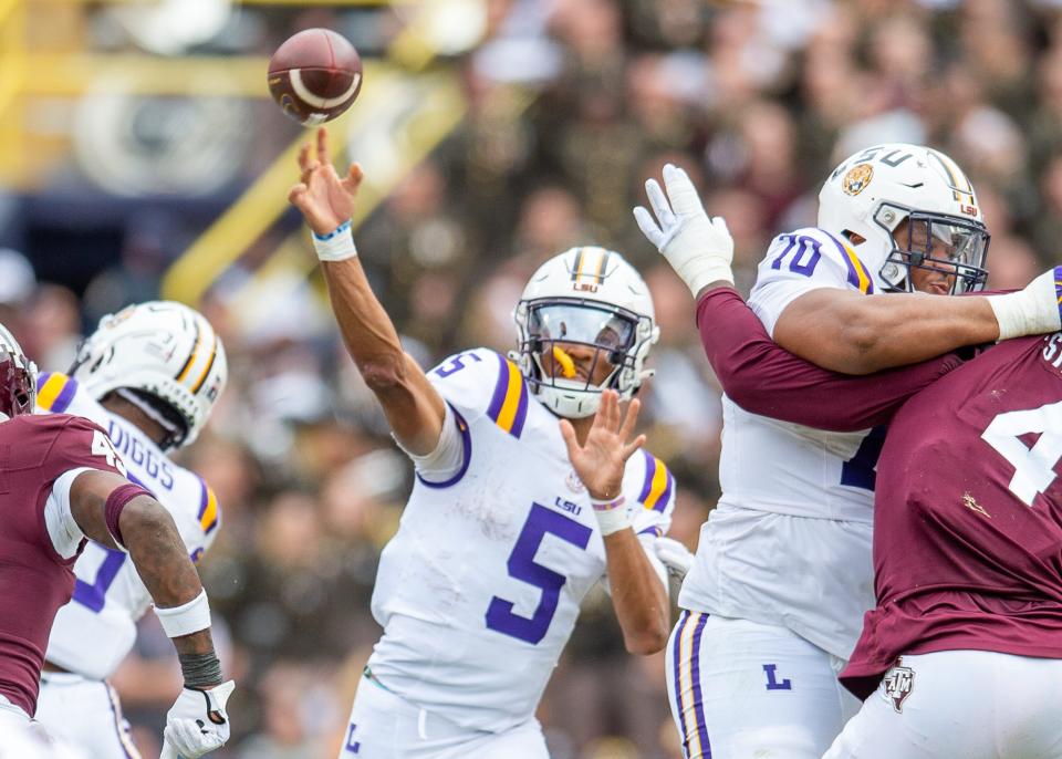 Quarterback Jayden Daniels (5) as the LSU Tigers take on Texas A&M in Tiger Stadium in Baton Rouge, Louisiana, November 25, 2023.