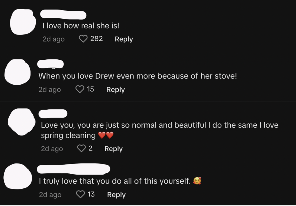 Four social media comments praising Drew's authenticity and relatability