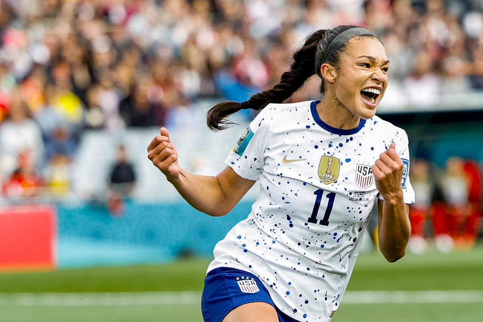 AUCKLAND, NEW ZEALAND - JULY 22: Sophia Smith #11 of the United States celebrates scoring during the first half of the FIFA Women&#39;s World Cup Australia & New Zealand 2023 Group E match between USA and Vietnam at Eden Park on July 22, 2023 in Auckland, New Zealand. (Photo by Carmen Mandato/USSF/Getty Images )