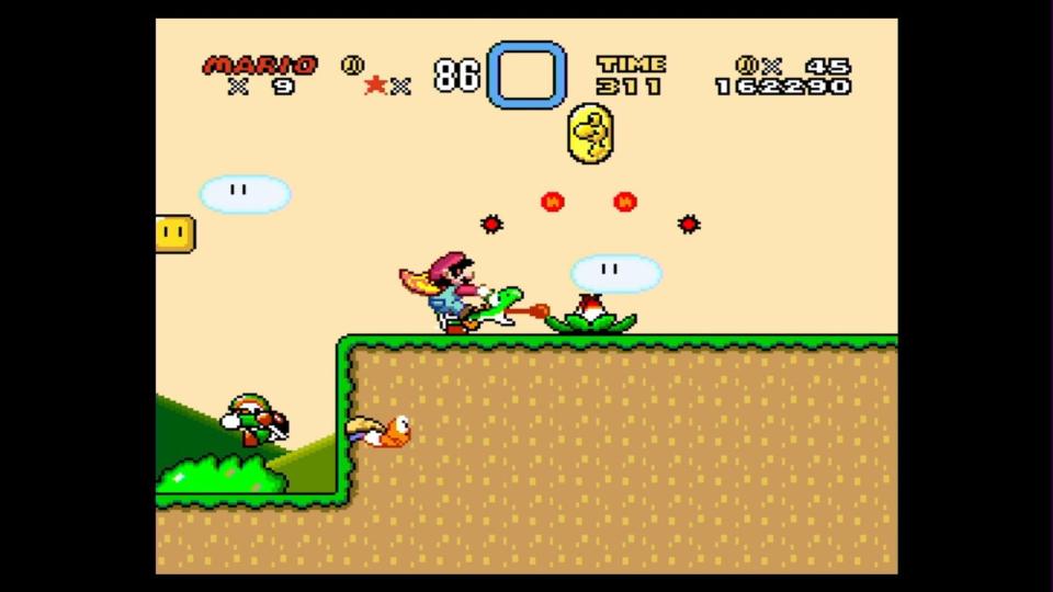 1990: Neben Mario selbst haben sich auch zahlreiche Sidekicks in den Annalen der Spielehistorie verewigt. In "Super Mario World" für SNES (Super Nintendo Entertainment System) tauchte erstmals eine Figur auf, die später ebenfalls eine eigene Spielreihe bekam: Dino Yoshi, Freund und Reittier. Das Spiel verkaufte sich mehr als 20 Millionen mal. (Bild: Nintendo)