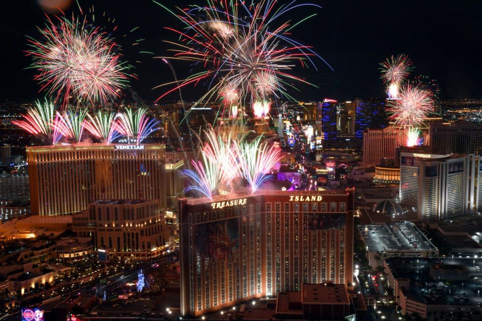 Fireworks explode over the Las Vegas Strip during the festivities (AP)