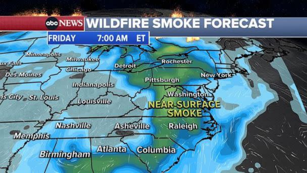 PHOTO: Smoke from Canadian wildfires is forecast to linger over the eastern Great Lakes from Detroit to Ohio, Pennsylvania, western New York state, down to Virginia and the Carolinas by the morning of June 30, 2023. (ABC News)