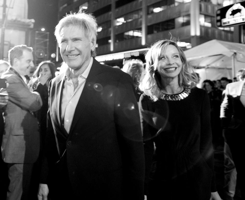 Actors Harrison Ford and Calista Flockhart attend the world premiere of "Star Wars: The Force Awakens" on Dec. 14, 2015, in Hollywood.