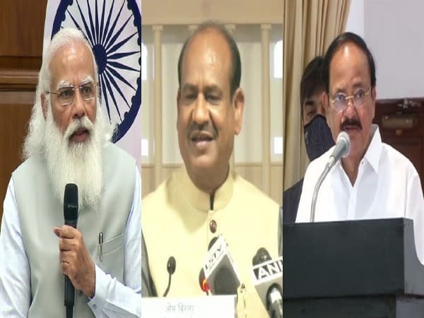 Prime Minister Narendra Modi, Lok Sabha speaker Om Birla, Vice President of India M Venkaiah Naidu (left to right)