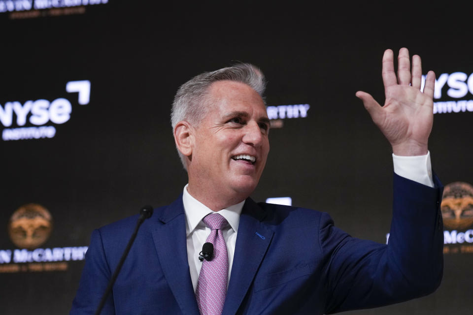Speaker of the House Kevin McCarthy waves as he arrives to speak during an event at the New York Stock Exchange in New York, Monday, April 17, 2023. (AP Photo/Seth Wenig)