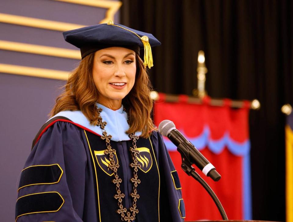 Emily W. Messer speaks during her investiture as the 21st and first female president in Texas Wesleyan history on Friday. Messer’s family and a large contingency from Alabama were in attendance.