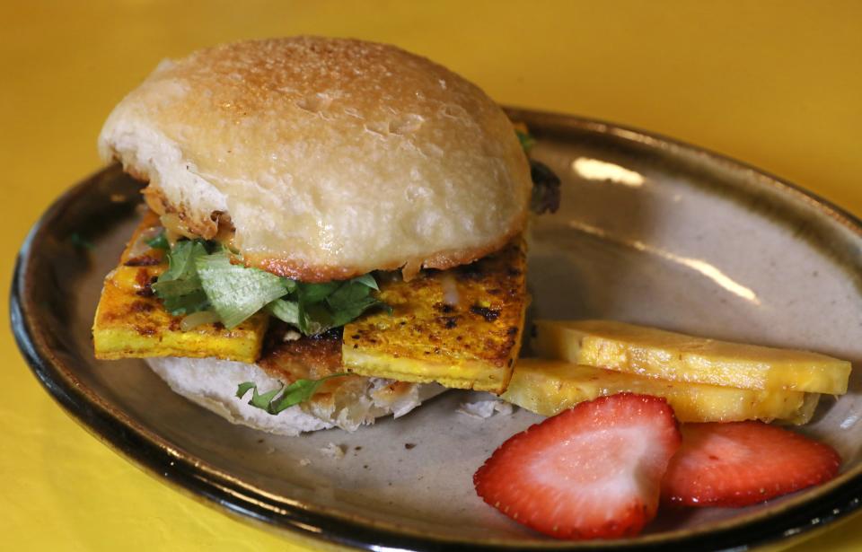 The PBS (Plant-based Breakfast Sandwich), featuring seared turmeric tofu, spicy soy chorizo, cashew cheese and vegan mayo at Bookeater.