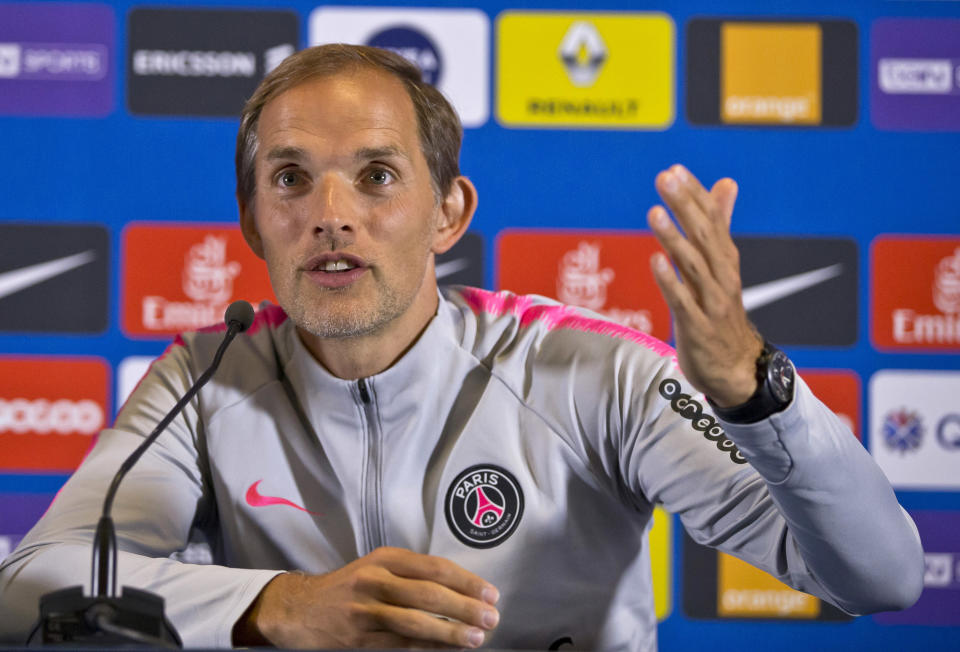 PSG's coach Thomas Tuchel gestures as he speaks during a press conference at the Camp des Loges training center in Saint Germain en Laye, west of Paris, France, Saturday, Aug. 11, 2018. Paris Saint Germain will face Caen during their first match of the French League One session at Parc des Princes stadium on Sunday Aug. 12, 2018. (AP Photo/Michel Euler)