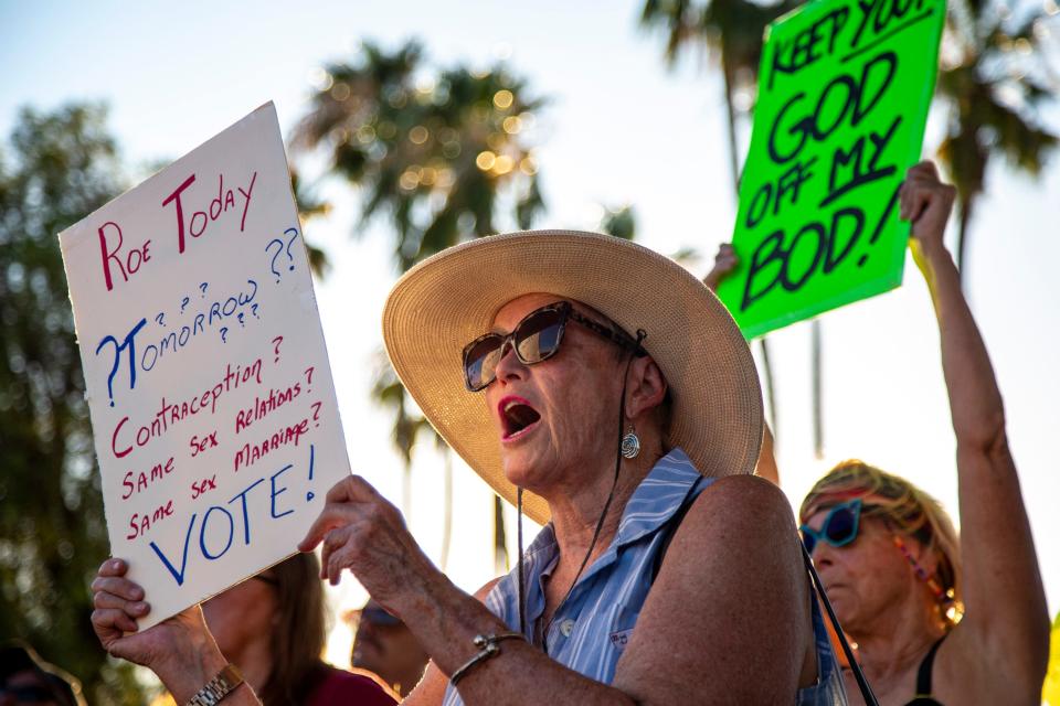 Leslie Mahoney of Palm Springs shouts in agreement with a speaker during an abortion rights rally organized by Courageous Resistance of the Desert in front of the Palm Springs Courthouse in Palm Springs, Calif., Friday, June 24, 2022. 