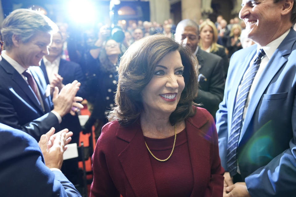 New York Governor Kathy Hochul greets people as she arrives to deliver her State of the State address in Albany, N.Y., Tuesday, Jan. 9, 2024. The Democrat outlined her agenda for the ongoing legislative session, focusing on crime, housing and education policies. (AP Photo/Seth Wenig)