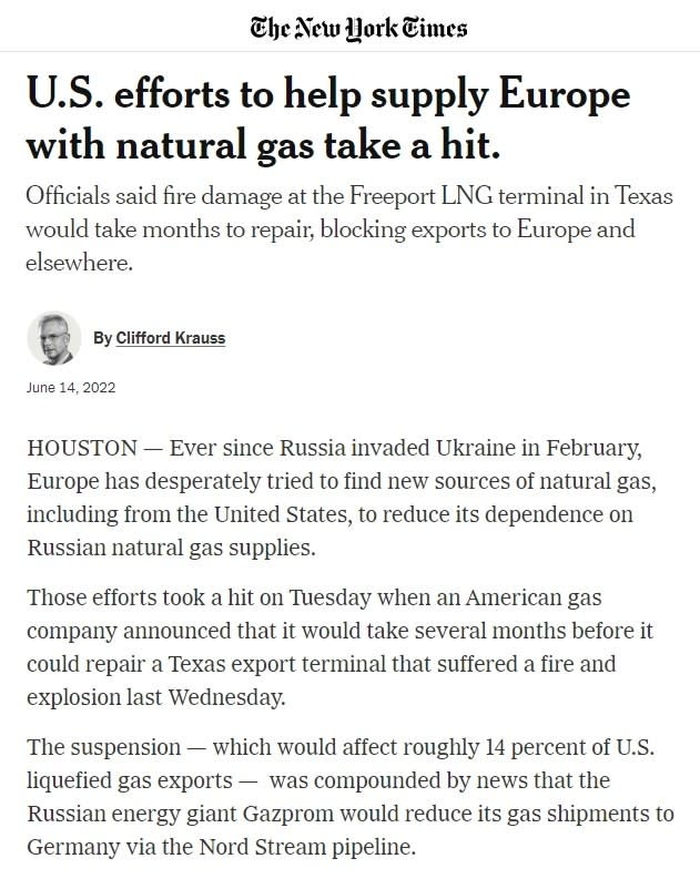 Screenshot of New York Times' article, "U.S. efforts to help supply Europe with natural gas take a hit"