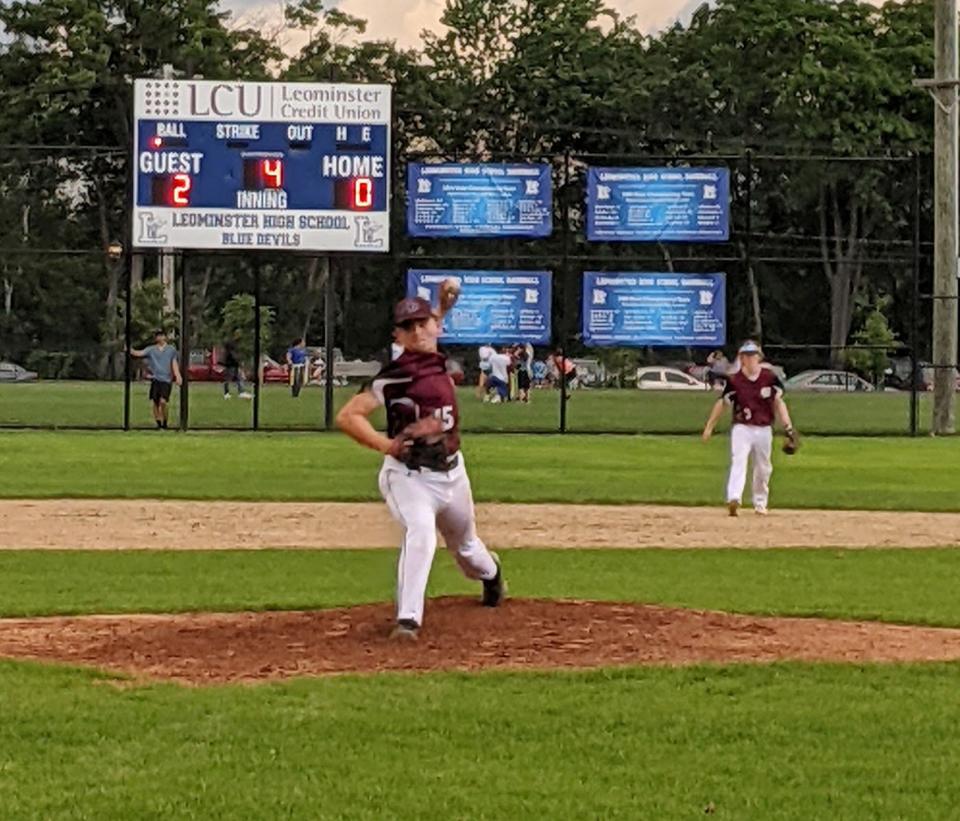 North County Post 129 reliever Jayden Downing delivers a pitch to the plate in this TGN file photo from a July 2021 game against Leominster Post 151 at Doyle Field in Leominster.