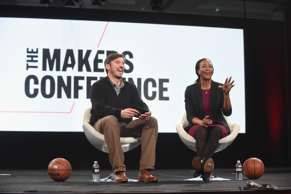 Chief Executive Officer, AOL Inc. Tim Armstrong and former WNBA Tamika Catchings speak onstage during The 2017 MAKERS Conference. (Photo by Emma McIntyre/Getty Images for AOL)