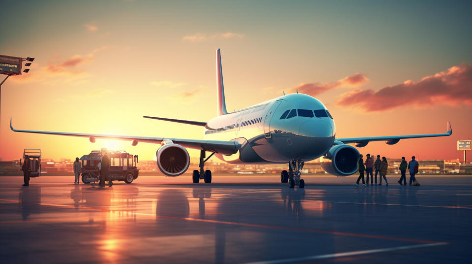 A commercial jetliner at an airport gate with passengers waiting in the background.